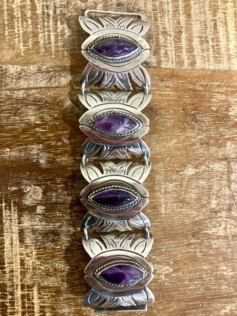 Vintage Mexican Silver & Purple Panel Bracelet • 83g • Handcrafted Boho Style